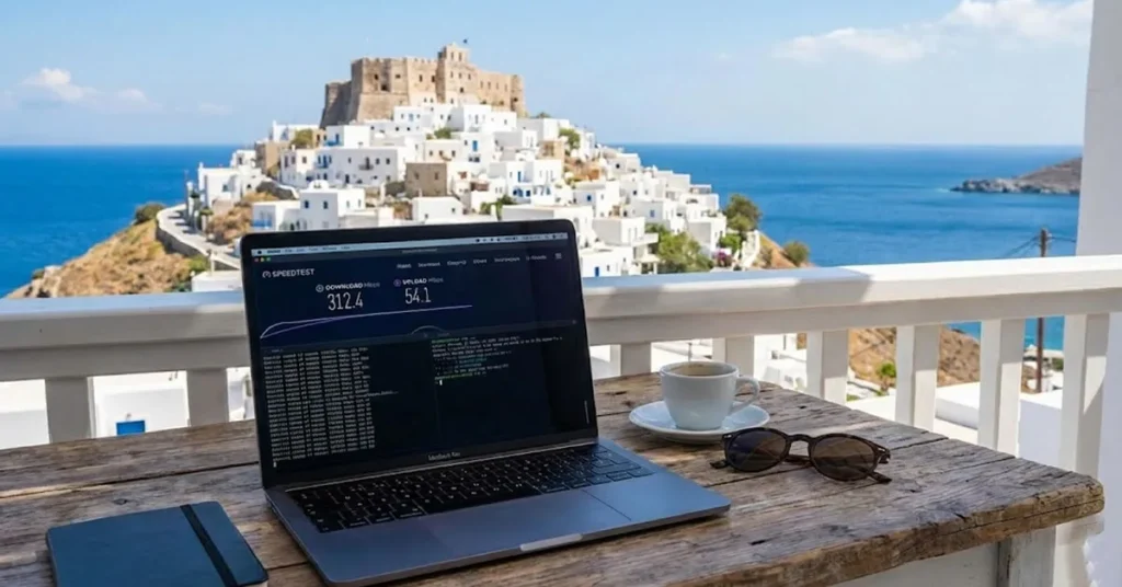 Ένα laptop ανοιχτό σε ένα τραπεζάκι με φόντο το Κάστρο της Αστυπάλαιας ή τη θάλασσα, και στην οθόνη να φαίνεται κώδικας ή ένα speedtest