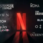 Το λογότυπο του Netflix σε σκοτεινό φόντο με τίτλους ταινιών να ξεθωριάζουν σταδιακά