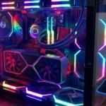 Κάρτα γραφικών Nvidia GeForce RTX 3060 εγκατεστημένη σε gaming υπολογιστή με έντονο φωτισμό RGB.