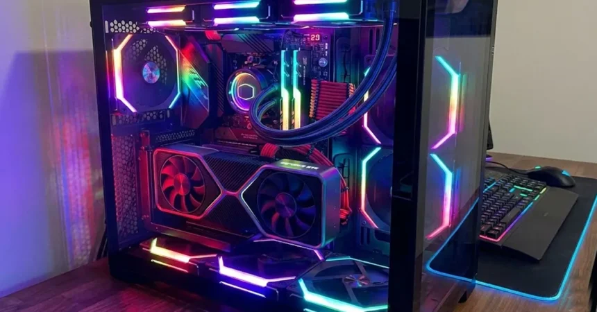 Κάρτα γραφικών Nvidia GeForce RTX 3060 εγκατεστημένη σε gaming υπολογιστή με έντονο φωτισμό RGB.