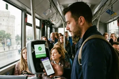 Επιβάτης σαρώνει το νέο ψηφιακό εισιτήριο ThessTicket σε ακυρωτικό μηχάνημα λεωφορείου στη Θεσσαλονίκη