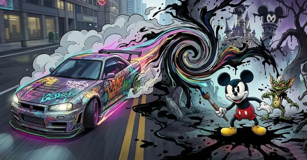 ένα κολάζ με το στυλιζαρισμένο αυτοκίνητο του NFS Unbound να "σβήνει" μέσα στο μελάνι του Epic Mickey, δημιουργώντας μια αντίθεση μεταξύ του μοντέρνου street culture και της κλασικής Disney αισθητικής