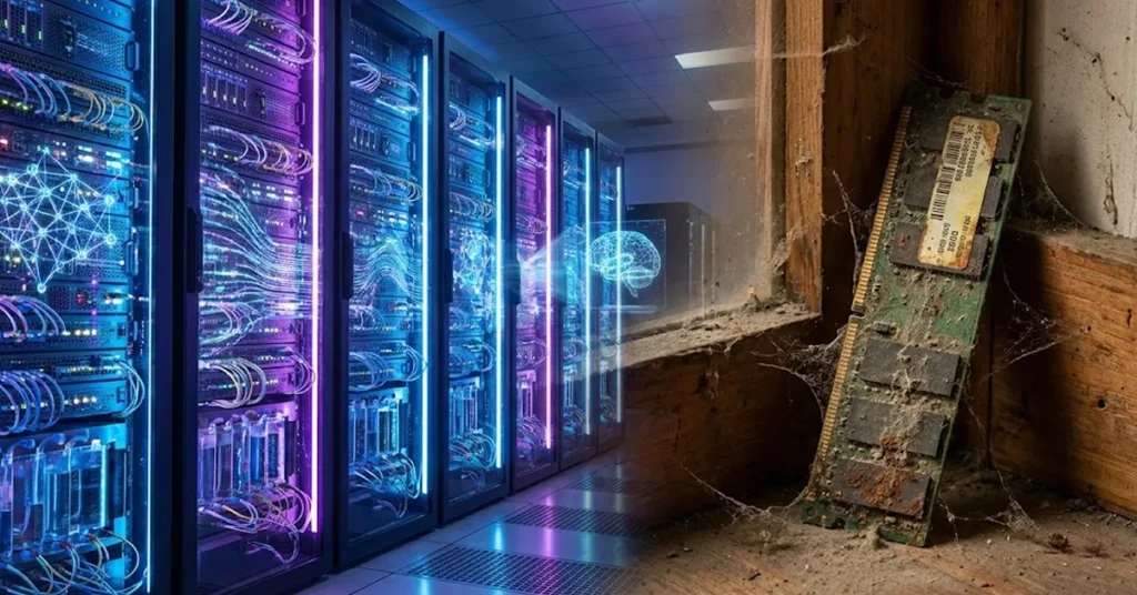εικόνα που δείχνει ένα data center με servers τεχνητής νοημοσύνης να «λάμπει» και δίπλα ένα ξεχασμένο, σκονισμένο stick μνήμης RAM για PC