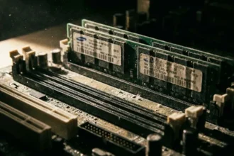 Κοντινό πλάνο σε modules μνήμης RAM πάνω σε μητρική πλακέτα με δραματικό φωτισμό που υποδηλώνει έλλειψη.