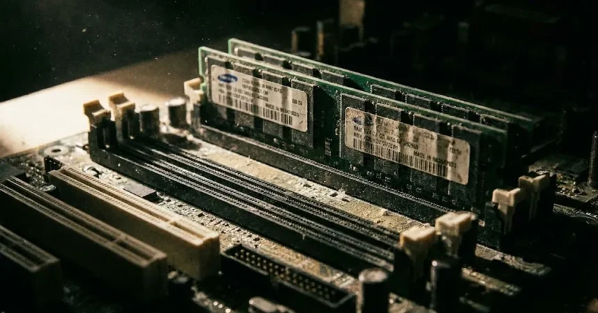 Κοντινό πλάνο σε modules μνήμης RAM πάνω σε μητρική πλακέτα με δραματικό φωτισμό που υποδηλώνει έλλειψη.