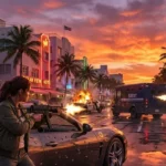Χαρακτήρες του GTA 6 σε σκηνή δράσης στη Vice City με φόντο το ηλιοβασίλεμα