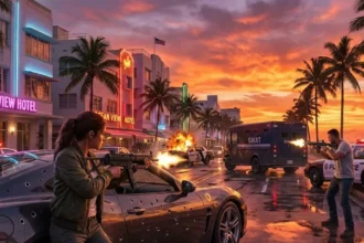 Χαρακτήρες του GTA 6 σε σκηνή δράσης στη Vice City με φόντο το ηλιοβασίλεμα