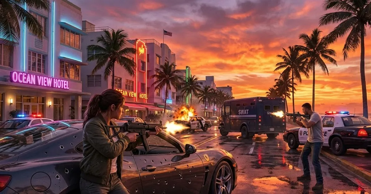 Χαρακτήρες του GTA 6 σε σκηνή δράσης στη Vice City με φόντο το ηλιοβασίλεμα