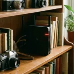 Ένα μαύρο ρούτερ κρυμμένο ανάμεσα σε βιβλία και διακοσμητικά σε ράφι, με το λαμπάκι του σήματος να είναι κόκκινο.