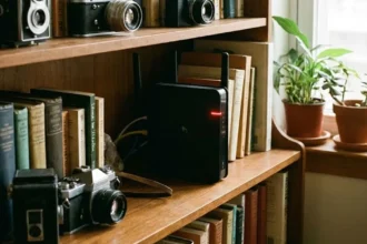 Ένα μαύρο ρούτερ κρυμμένο ανάμεσα σε βιβλία και διακοσμητικά σε ράφι, με το λαμπάκι του σήματος να είναι κόκκινο.