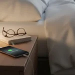 Ένα smartphone φορτίζει πάνω σε κομοδίνο δίπλα σε ένα κρεβάτι.