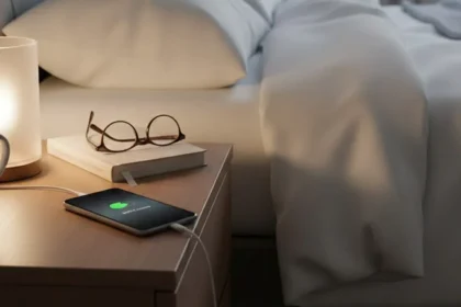 Ένα smartphone φορτίζει πάνω σε κομοδίνο δίπλα σε ένα κρεβάτι.