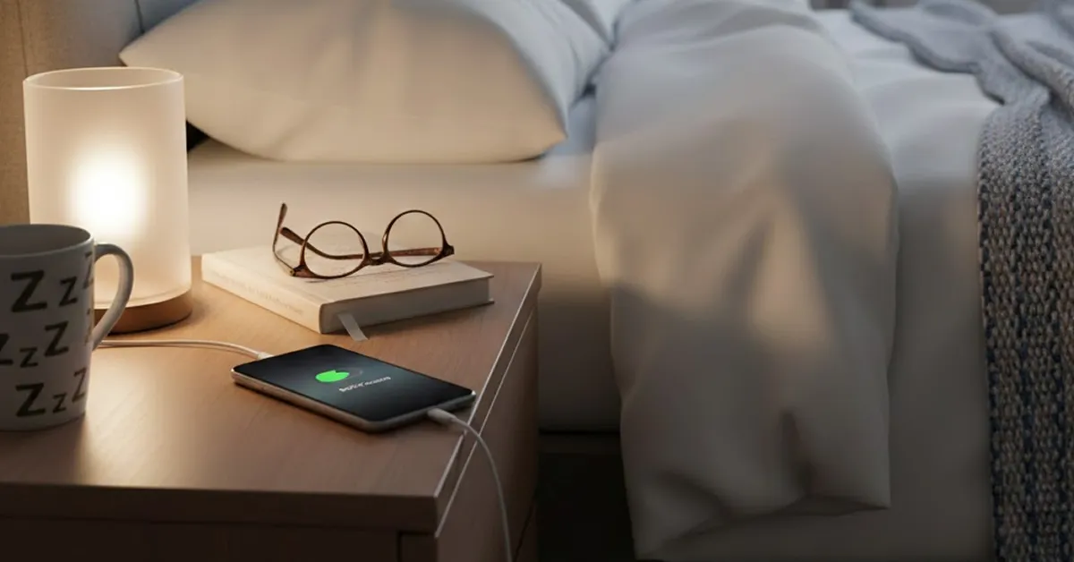 Ένα smartphone φορτίζει πάνω σε κομοδίνο δίπλα σε ένα κρεβάτι.