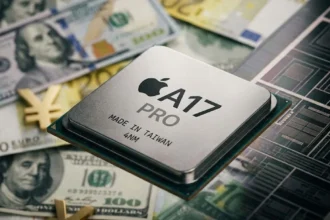 Κοντινό πλάνο σε επεξεργαστή smartphone με φόντο θολωμένα χαρτονομίσματα που συμβολίζουν την ακρίβεια.