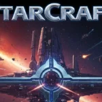 Το λογότυπο του Starcraft με φόντο έναν διαστημικό σταθμό και στοιχεία shooter.