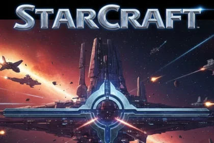 Το λογότυπο του Starcraft με φόντο έναν διαστημικό σταθμό και στοιχεία shooter.