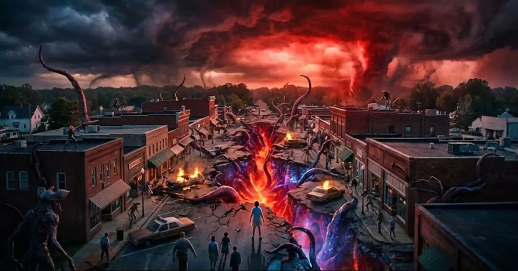 Το Hawkins ενώνεται με το Upside Down, με έντονη αντίθεση χρωμάτων και κινηματογραφική αισθητική, αποδεικνύοντας το budget της παραγωγής.