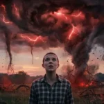 Η Eleven κοιτάζει με δέος τον ουρανό του Upside Down να εισβάλλει στον πραγματικό κόσμο με εντυπωσιακά κόκκινα και μαύρα εφέ.