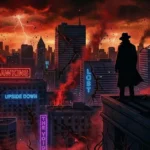 Μια σκοτεινή σιλουέτα στέκεται μπροστά σε μια μεγαλούπολη με νέον φώτα που τρεμοπαίζουν δυσοίωνα, υπονοώντας την παρουσία του Upside Down.