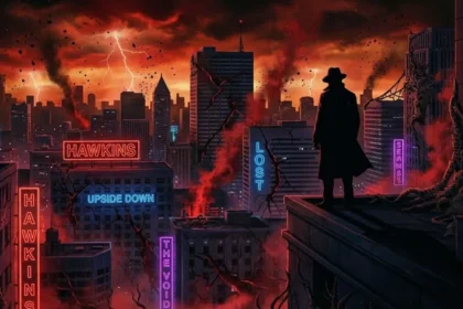 Μια σκοτεινή σιλουέτα στέκεται μπροστά σε μια μεγαλούπολη με νέον φώτα που τρεμοπαίζουν δυσοίωνα, υπονοώντας την παρουσία του Upside Down.