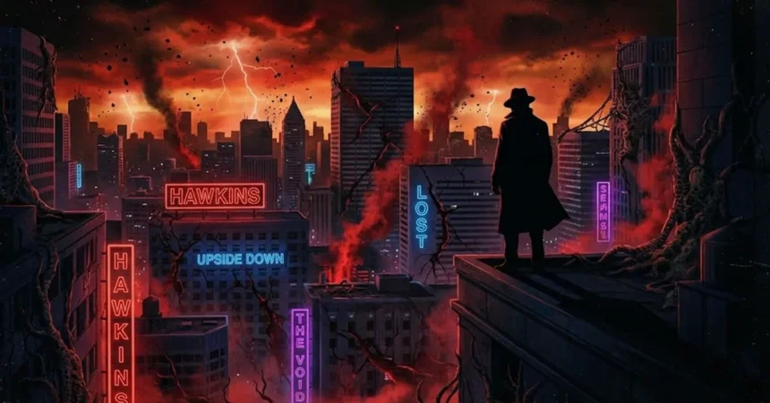 Μια σκοτεινή σιλουέτα στέκεται μπροστά σε μια μεγαλούπολη με νέον φώτα που τρεμοπαίζουν δυσοίωνα, υπονοώντας την παρουσία του Upside Down.