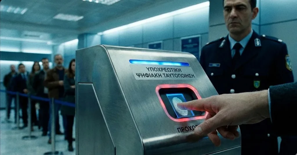 Μια εικόνα που δείχνει τη διαδικασία της ψηφιακής σάρωσης δακτύλου πάνω στο ειδικό μηχάνημα (scanner)