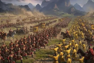 Σκηνή μάχης από το Total War Three Kingdoms με χιλιάδες στρατιώτες σε παράταξη