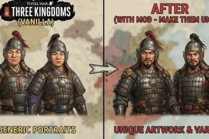 Σύγκριση χαρακτήρων στο Total War Three Kingdoms πριν και μετά την εφαρμογή του mod Make Them Unique