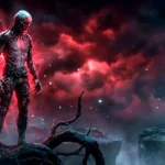Vecna στέκεται μόνος του στο Upside Down κοιτάζοντας απειλητικά την Eleven, με σκοτεινό και κόκκινο φόντο.