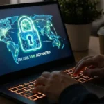 Χέρια χρήστη πληκτρολογούν σε φωτισμένο laptop με γραφικά κλειδαριάς και παγκόσμιου χάρτη στην οθόνη συμβολίζοντας την ασφάλεια VPN.