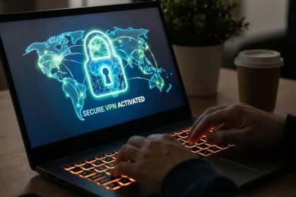 Χέρια χρήστη πληκτρολογούν σε φωτισμένο laptop με γραφικά κλειδαριάς και παγκόσμιου χάρτη στην οθόνη συμβολίζοντας την ασφάλεια VPN.