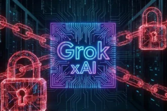 Το λογότυπο του Grok της xAI σε σκοτεινό φόντο με ψηφιακές κλειδαριές που συμβολίζουν τους νέους περιορισμούς.