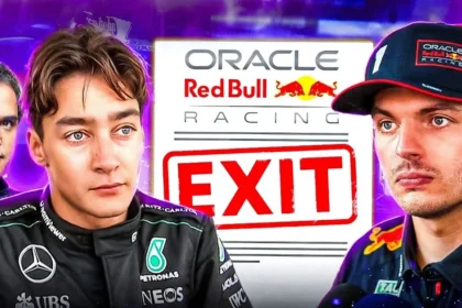 Ο Μαξ Φερστάπεν απογοητευμένος με τη φόρμα της Red Bull, ενώ στο φόντο διακρίνεται το λογότυπο της ομάδας της Mercedes.