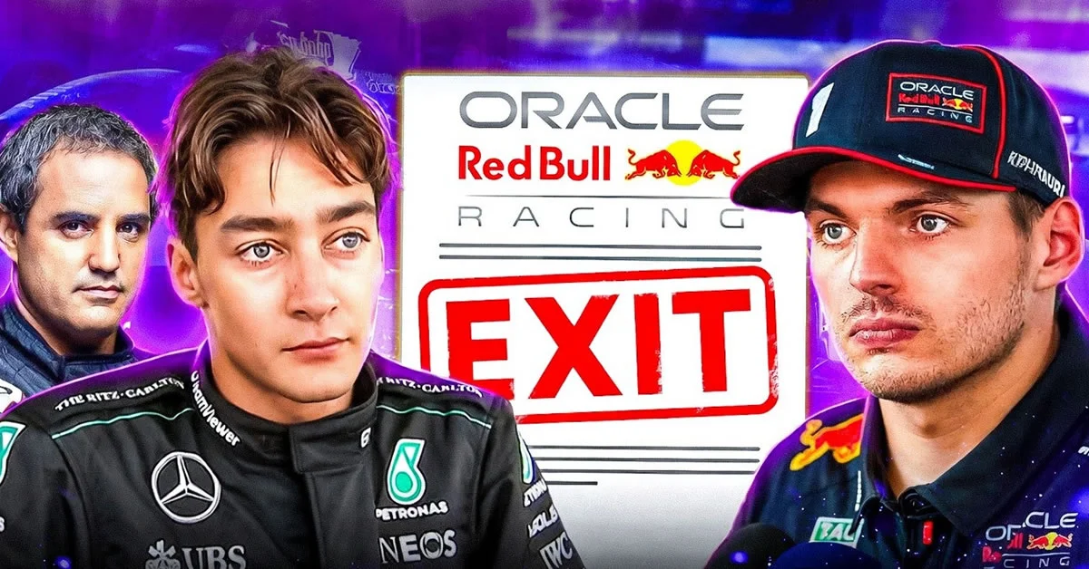 Ο Μαξ Φερστάπεν απογοητευμένος με τη φόρμα της Red Bull, ενώ στο φόντο διακρίνεται το λογότυπο της ομάδας της Mercedes.